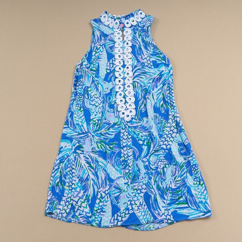 Lilly Pulitzer Jane Shift Dress Size 2 Blue Print Zip Up Sleeveless White Trim